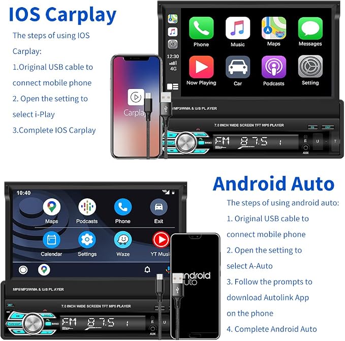 Hikity Carplay Single Din Car Stereo, 7 Inch Flip Out Touch Screen Car Radio - Image 2