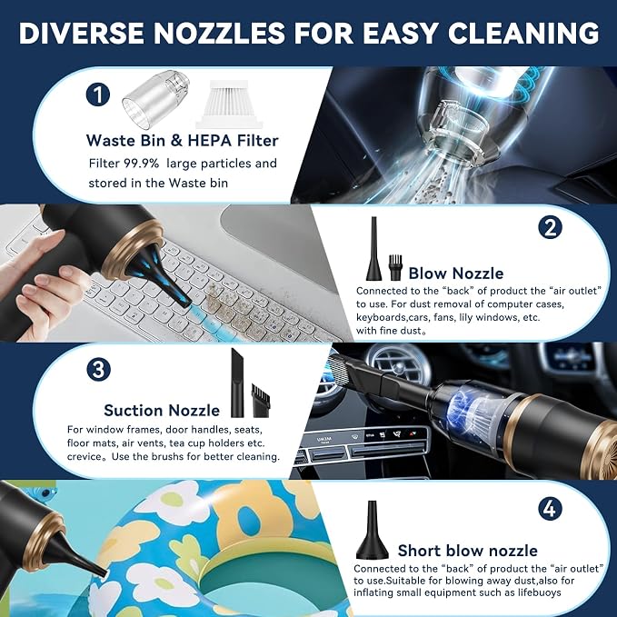 Mini Car Vacuum Portable Cordless Handheld Vacuum Cleaner and Air Duster 2 in 1 - Image 3
