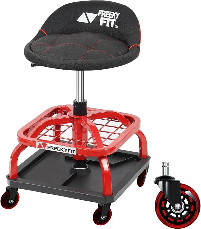 Rolling Stool with Red Wheels, Heavy Duty Garage Work Mechanic Rolling Shop by FreekyFit