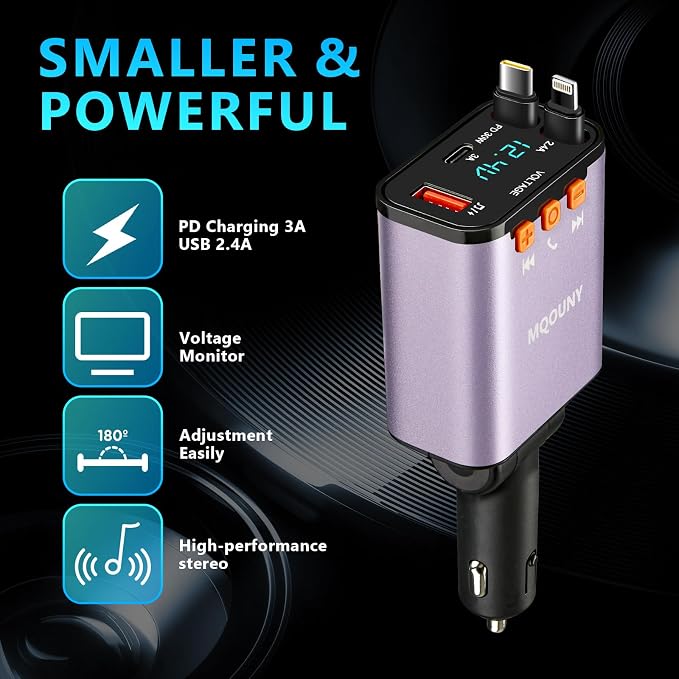Retractable Car Charger, 5 in 1 Fast Cars Phone Charger 60w, Handsfree Call - Image 7