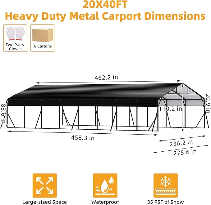 20 x 40 FT Metal Carport with Galvanized Steel Roof, Heavy Duty Metal Roof - Image 2