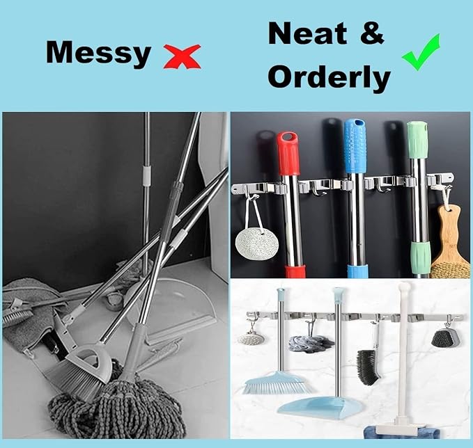 Mop Broom Holder Wall Mount Heavy Duty Adhesive Tools Organizer Rack Stainless - Image 5