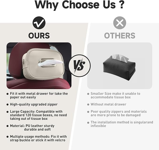 Car Tissue Holder, Tissue Box Cover Keep Car Tidy, Premium PU Leather Backseat - Image 5
