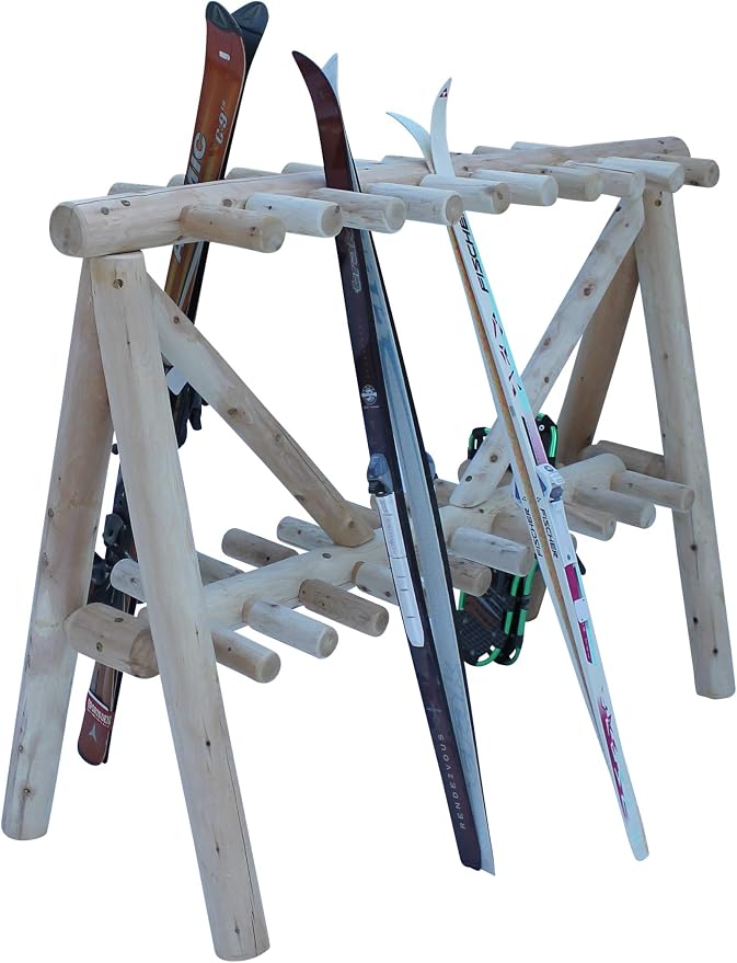 21-Place Freestanding Log Ski Rack Holder, Indoor & Outdoor Snowboard Racks by LogKayakRack
