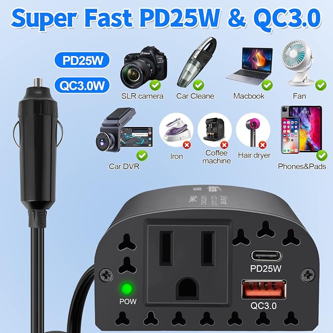 150W Car Power Inverter DC 12V to 110V AC Car Outlet Adapter - Image 2