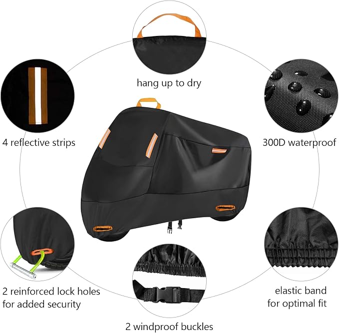 300D Heavy Duty Motorcycle Cover, SECELES All Season Durable Waterproof Outdoor - Image 3