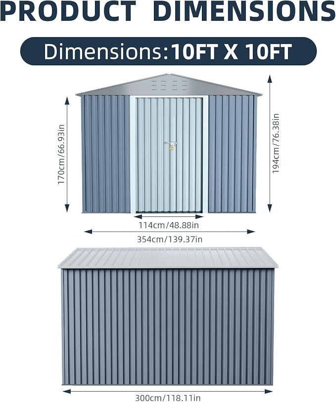 10x10FT Outdoor Metal Storage Shed, Lockable Weatherproof Garden Shed - Image 2
