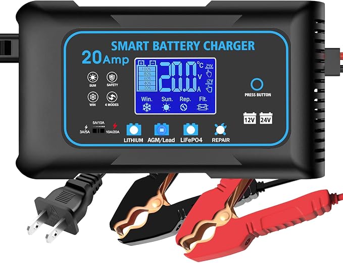 20-AMP Car Battery Charger, 12V 20A and 24V 10A Smart Automotive Charger by AorikaAutomotiveProducts