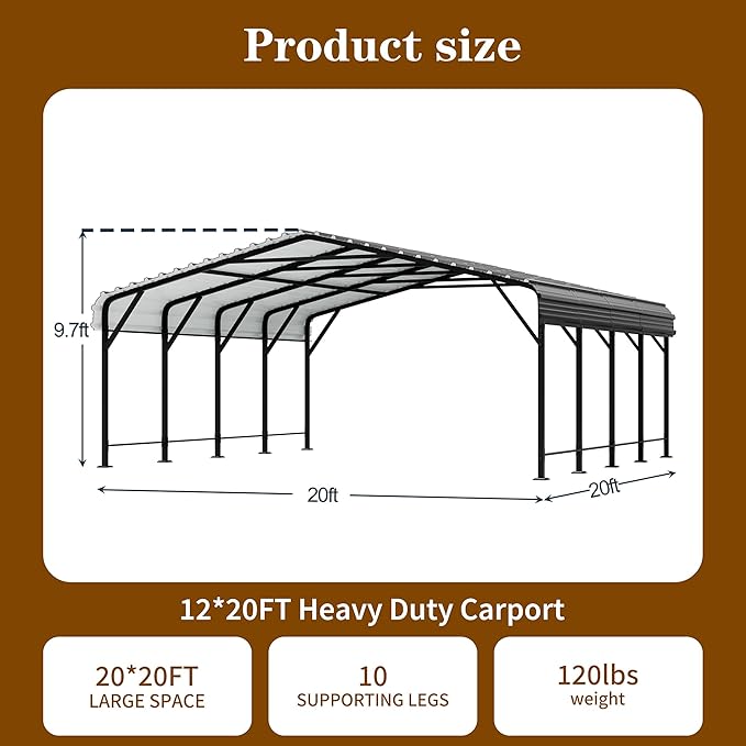 Walsunny Metal Carport 20x20 FT Heavy Duty Carport Canopy - Image 2
