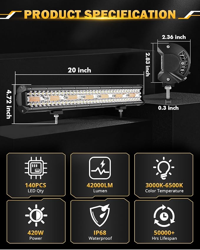 Auxbeam 20 Inch 420W LED Light Bar, 6 Modes Strobe Amber Pod Lights Yellow Fog - Image 4