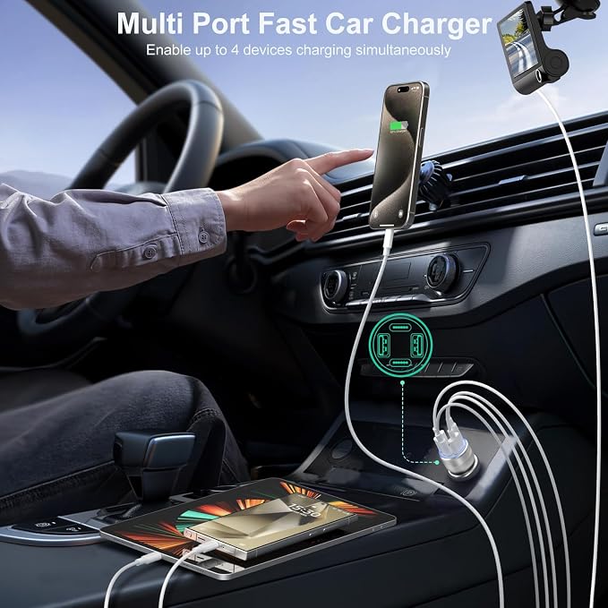 USB C Car Charger, Bangfun 65W 4 Port Dual 12V USB C & USB A Car Cigarette - Image 6