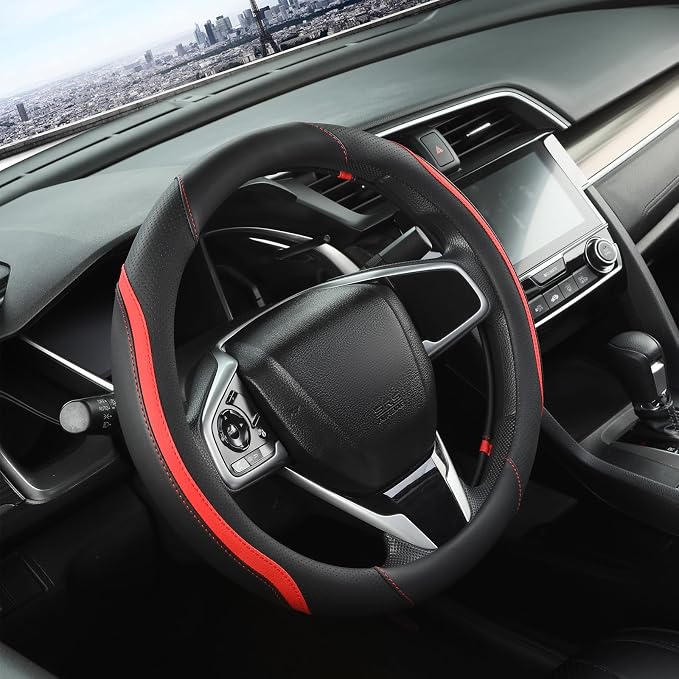 Car Steering Wheel Cover, Leather Steering Wheel Cover Red Universal 14.5-15 - Image 2