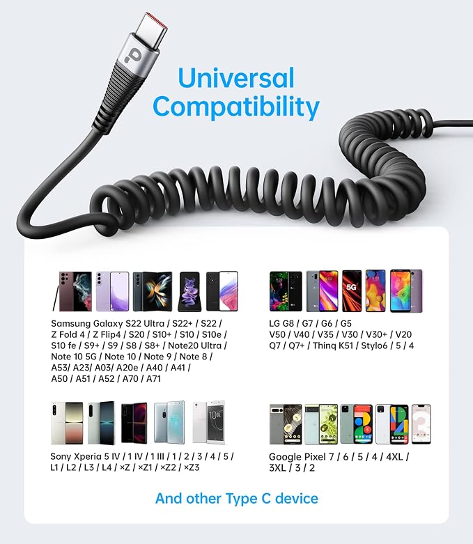 USB Type C Coiled Cable Fast Charging, Short USB A to USB C Charge Cable - Image 7