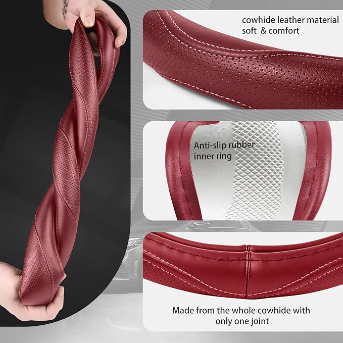 High-Grade Wine Red Genuine Leather Steering Wheel Cover - Image 5