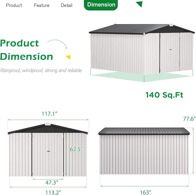 U-MAX 10x14 Shed, 14x10 Metal Outdoor Storage Shed, Large Outside Storage - Image 2