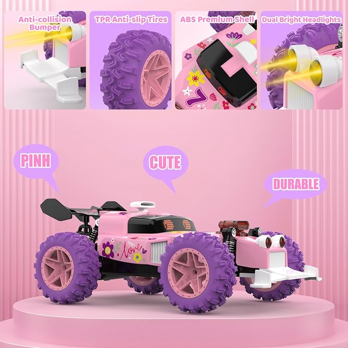 Pink Remote Control Car for Girls, RC Race Car Girl Toy - Image 3