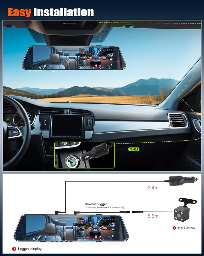 Mirror Dash Cam 4.7 Inch Rear View Mirror 720P Front and Rear View Dual Cameras - Image 7