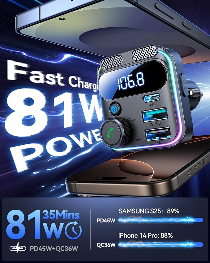 JOYROOM 81W Bluetooth 5.4 FM Transmitter Car Adapter PD & QC 3.0 USB C Car - Image 4
