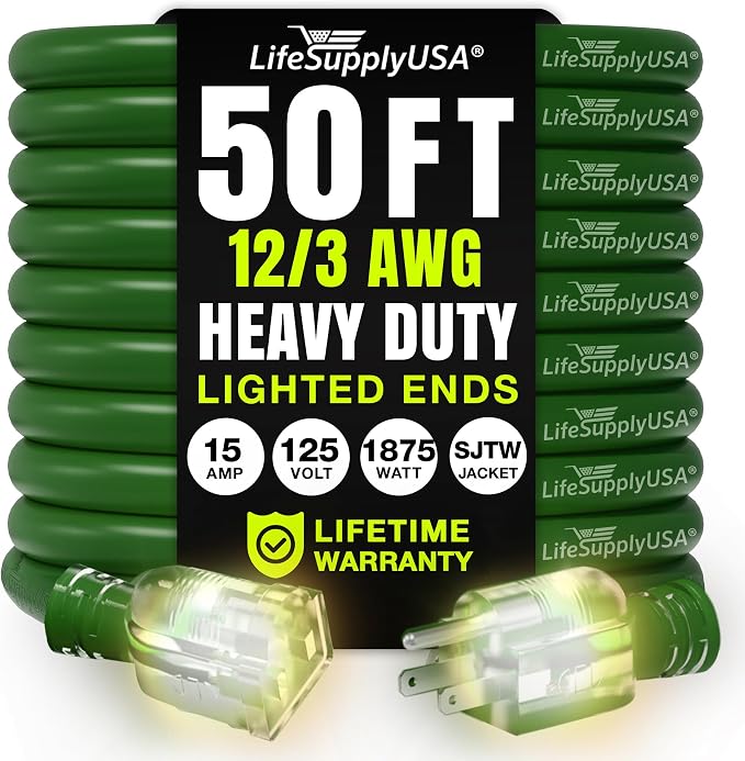 50ft Outdoor/Indoor Extension Cord 12/3 Gauge Extra Heavy Duty 3 Prong SJTW by LifeSupplyUSA