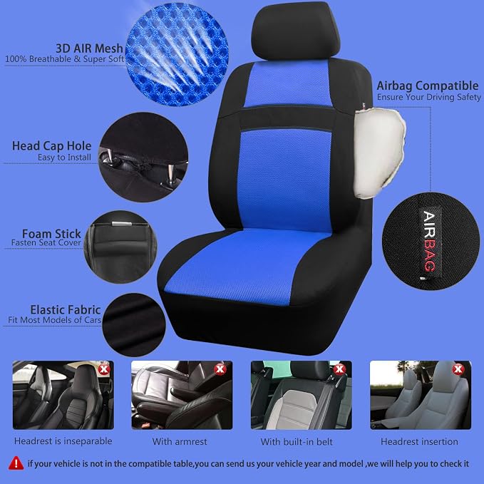 CAR PASS 3D Air Mesh Car Seat Covers Full Sets w/5mm Sponge, Steering Wheel - Image 2