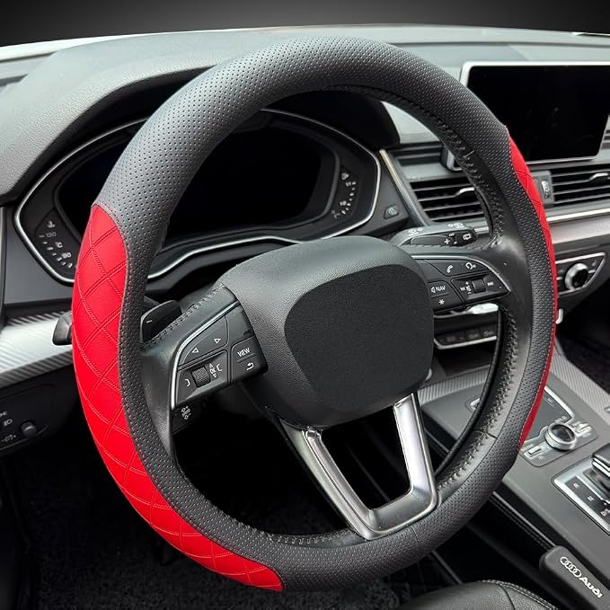 LKWLIKEI Nappa Leather Steering Wheel Cover, Elegant Diamond Checkered Design - Image 6