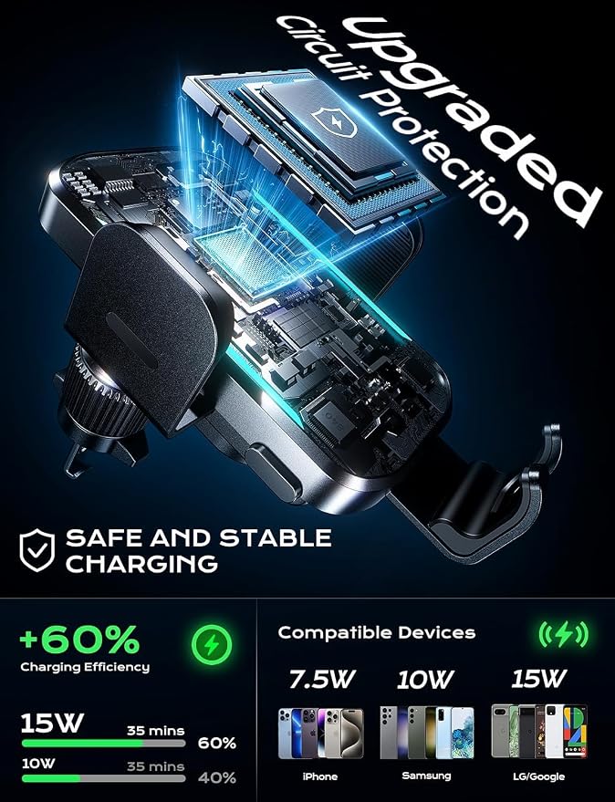 CHGeek 15W Wireless Car Charger – Auto-Clamping Qi Fast Charging Vent Mount - Image 4
