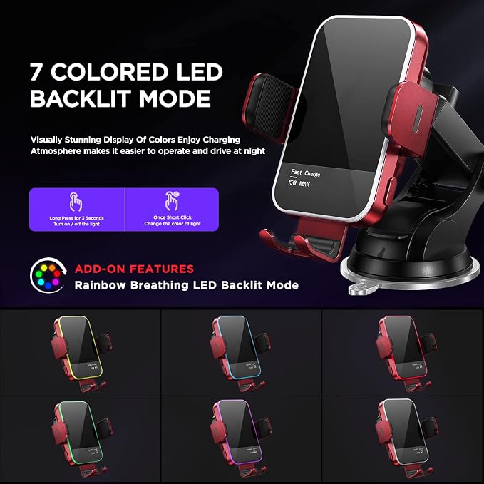 Wireless Car Charger, 【7 Colored RGB Backlit】Mosurr 15W Auto Clamping Car - Image 2