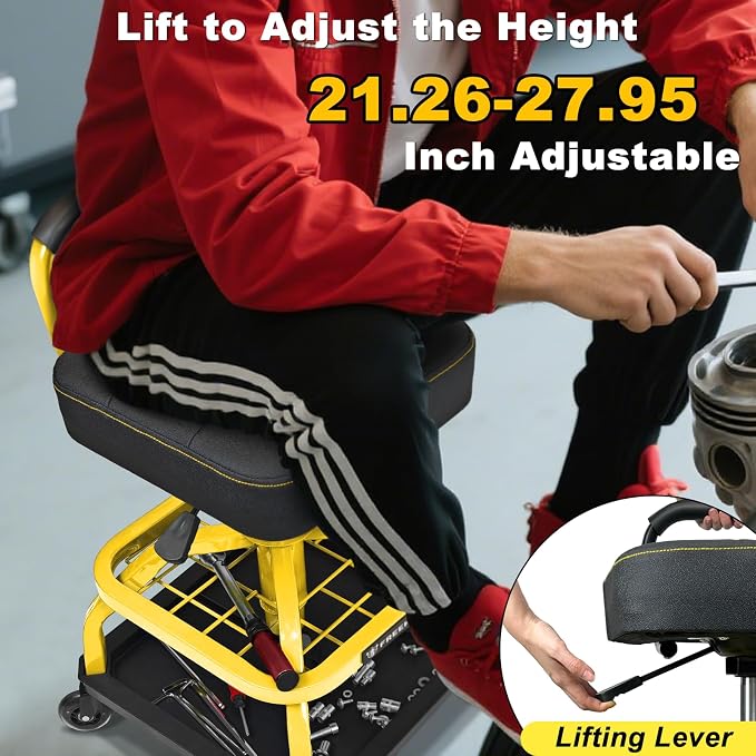 Rolling Shop Stool with Wheels, Garage Mechanic Shop Chair with Handle Backrest - Image 3