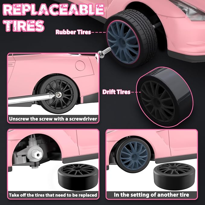 RC Drift Car, 1/24 Pink Remote Control Car - Image 5