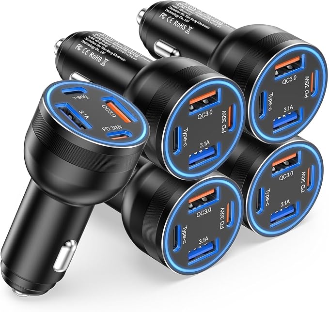 65W USB C Car Charger, 5 Pack 4-Port PD Super Fast Charging Type C Car Charger by Avatcen