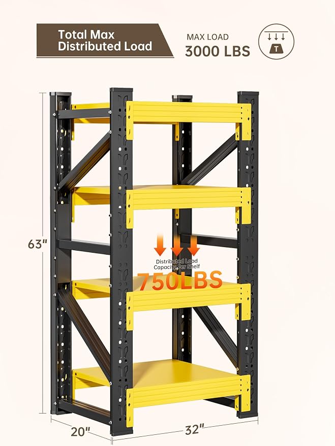 4-Tier Storage Shelves, Adjustable Industrial Metal Shelf System, 000lbs - Image 3
