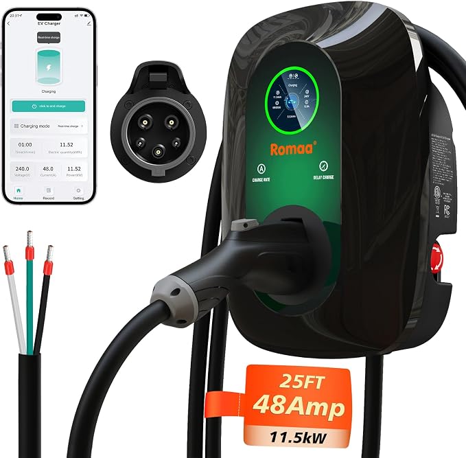 Level 2 EV Charger, 48 Amp 240V Hardwired Fast Charging, Smart WiFi Control by Romaa