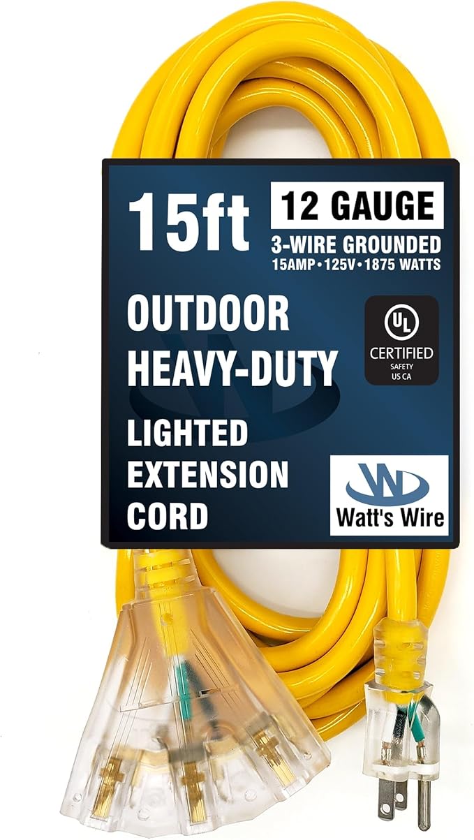 15 ft - 12 Gauge Heavy Duty Extension Cord - 3 Outlet Lighted SJTW - - Image 6
