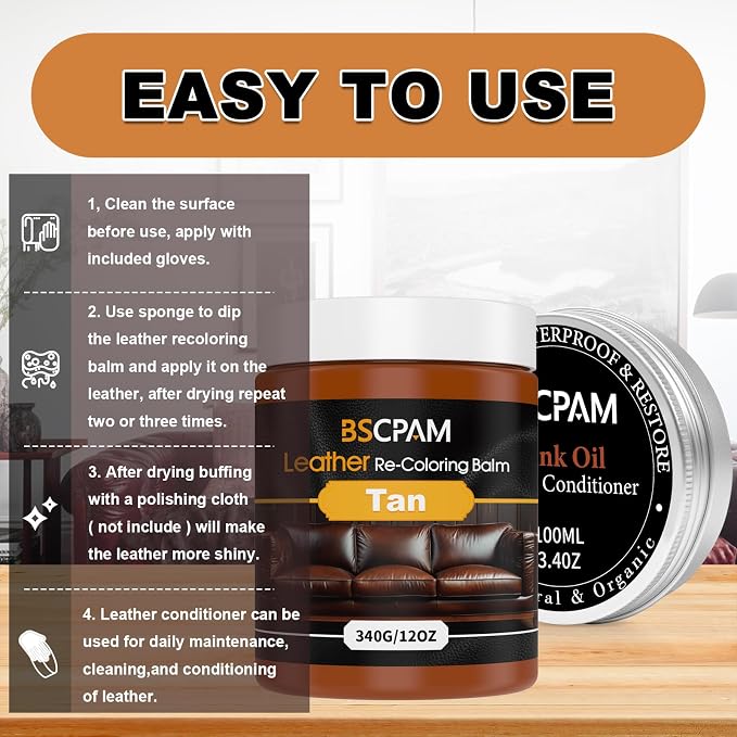 12oz Leather Recoloring Balm & 3.4oz Mink Oil Leather Conditioner kit, Tan - Image 5