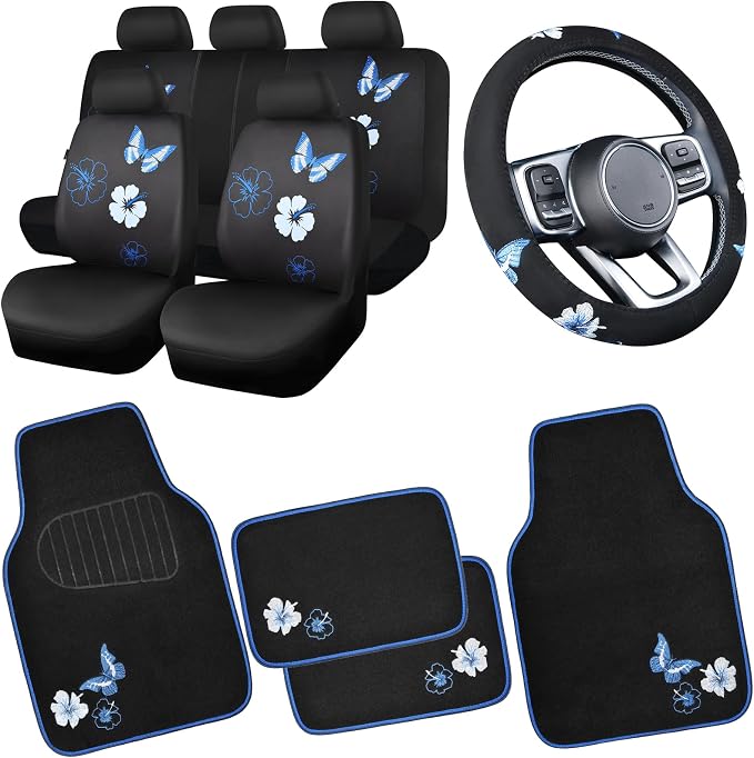 CAR PASS Blue Butterfly Car Seat Covers Full Set, Embroidered Flower Waterproof by CARPASS