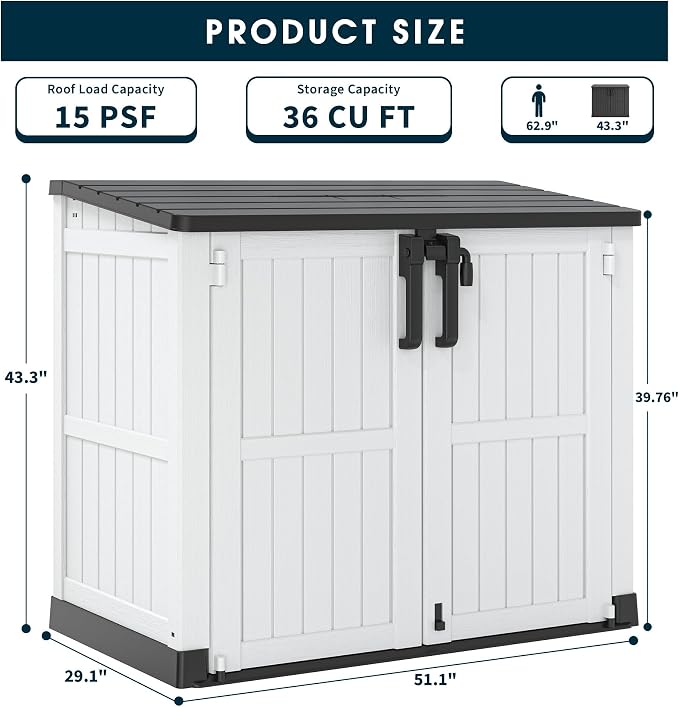 Outdoor Storage Shed 36 Cu. Ft. Resin Garden Horizontal Storage Large Capacity - Image 2