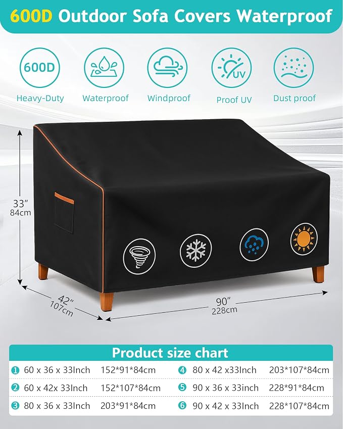 Outdoor Sofa Cover, Waterproof Patio Furniture Cover 90W x 42D x 33H inches - Image 3
