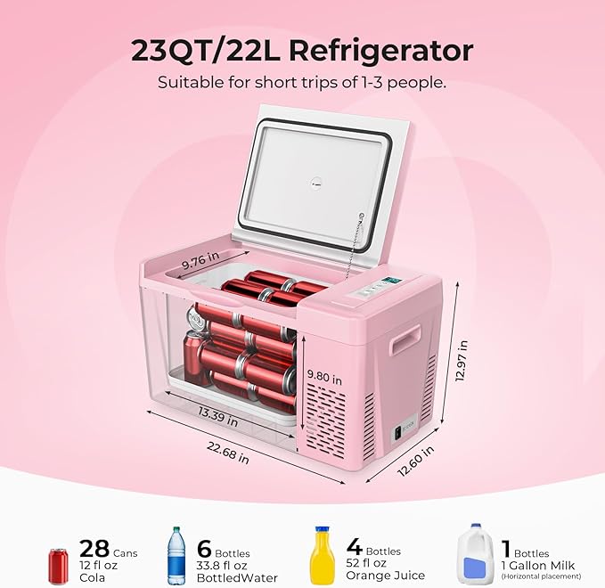 BougeRV Pink 23Quart Portable Refrigerator, 12 Volt Fridge 22L, Portable - Image 2