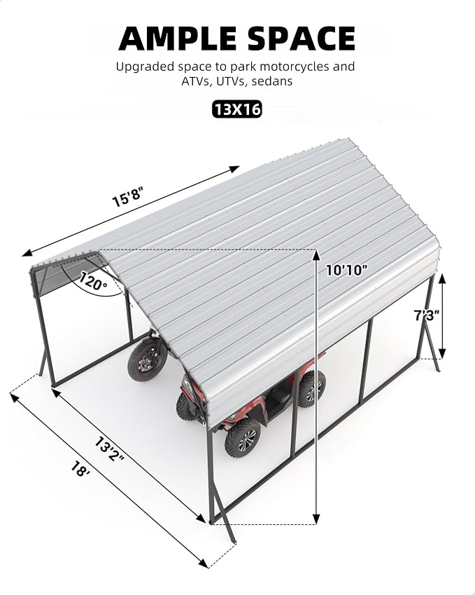 13 x 21 FT Metal Carport, Heavy Duty Carports Reinforced Frame and Steel Roof - Image 5