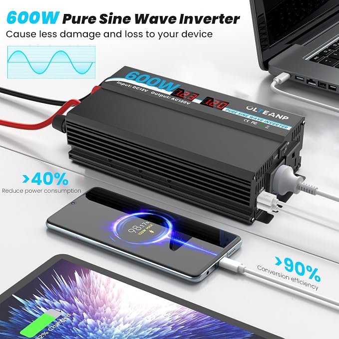 600W Power Inverter Pure Sine Wave Inverter 12V DC to 120V AC Converter - Image 2