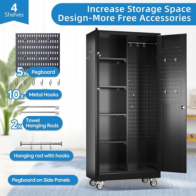 Garage Storage Cabinet with Wheels and 5 Pegboard, Broom Closet Storage Cabinet - Image 3