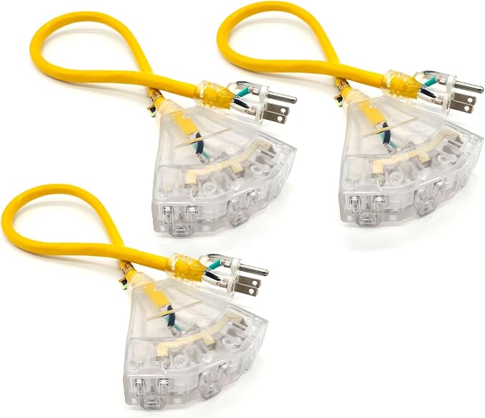 3 Pack - 2 ft - 12 Gauge Heavy Duty Extension Cord - 3 Outlet Lighted SJTW - by WattsWire