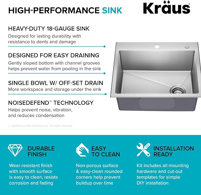 KRAUS Fairlane 25-inch Drop In/Top Mount Single Bowl 18-Gauge Stainless Steel - Image 6