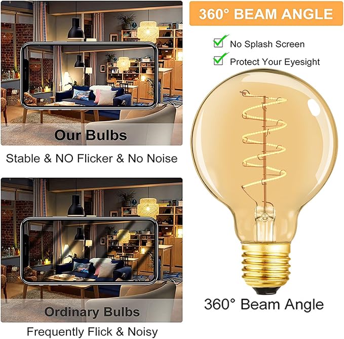 Leools Vintage LED Spiral Filament Bulb G25/G80 Dimmable Flick-Free 6W CRI95 - Image 4
