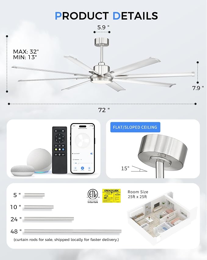 72 Inch Bruehed Nickel Ceiling Fan - Image 5