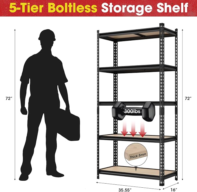 3 Pack 5 Tier Garage Shelving Unit, Adjustable Garage Storage Utility Rack - Image 3