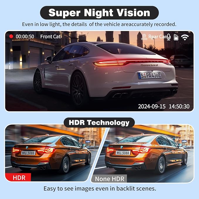 Dash Cam Front and Rear, UHD 4K Night Vision Dash Camera - Image 2