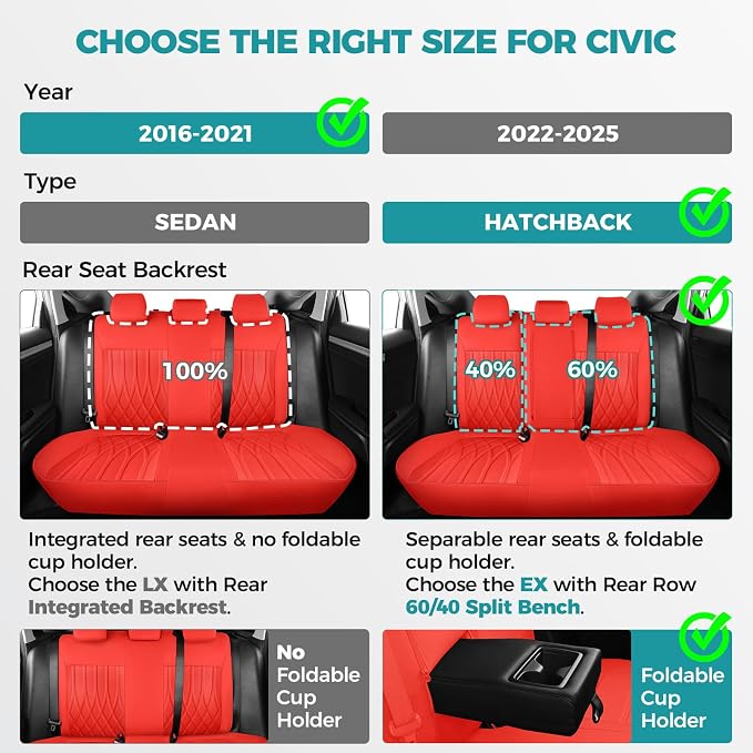 Seat Covers for Honda Civic Hatchback EX, Sport Touring, EXL 2016 2017 2018 - Image 2