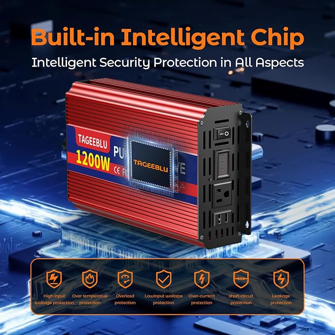 1200W Pure Sine Wave Inverter, 12V DC to 110V/120V AC Power Inverter - Image 4