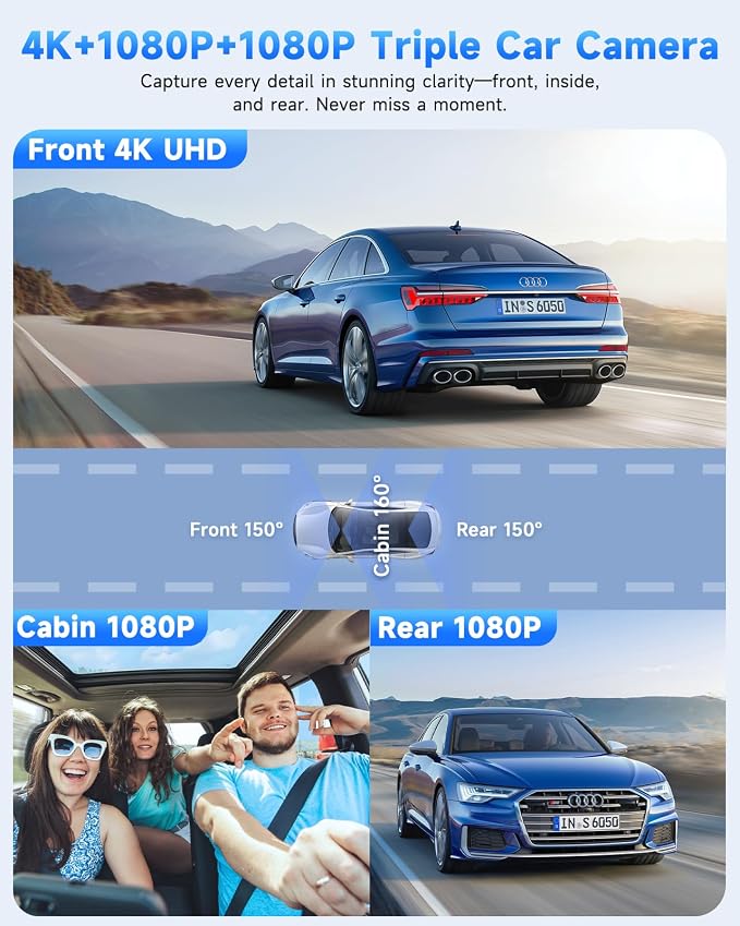 3 Channel Dash Cam, SARMERT 4K Dash Cam Front Inside and Rear - Image 2